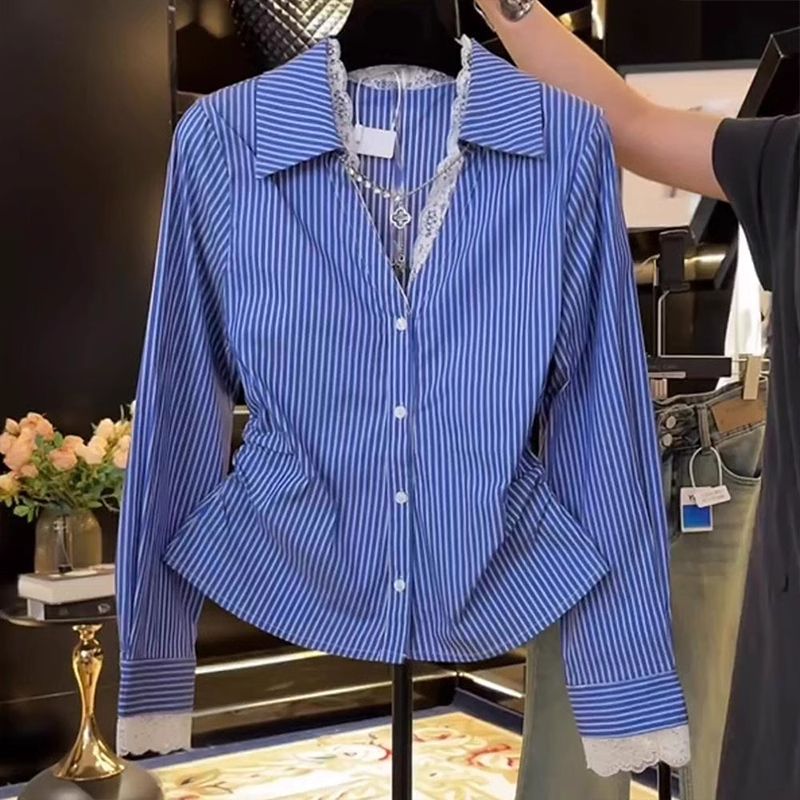 Summer Clothing Trends For Women - エレガントなレースのパッチワークプリーツスリムブラウス春秋ポロネックストライプ気質シャツトップスファッショントレンド女性服
