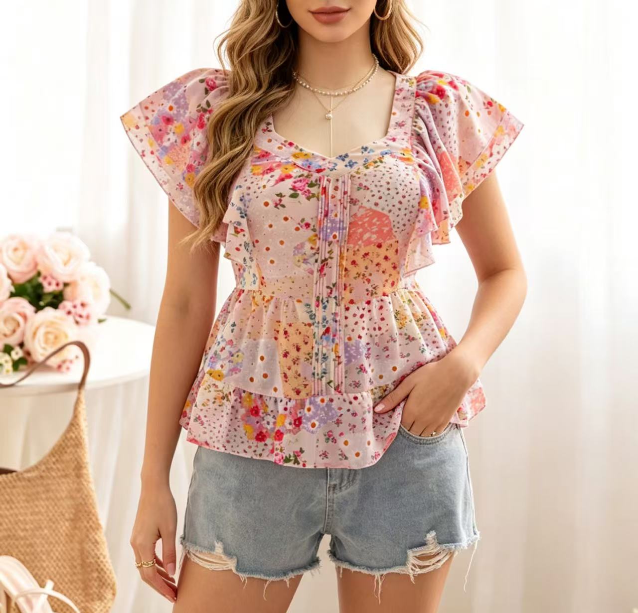 Summer Clothing Girl - プラスサイズ女性向けニッチデザイン小花柄フリルレーストリムラッフルスリーブ新作スタイリッシュスイート＆スパイシーガールトップスシャツ