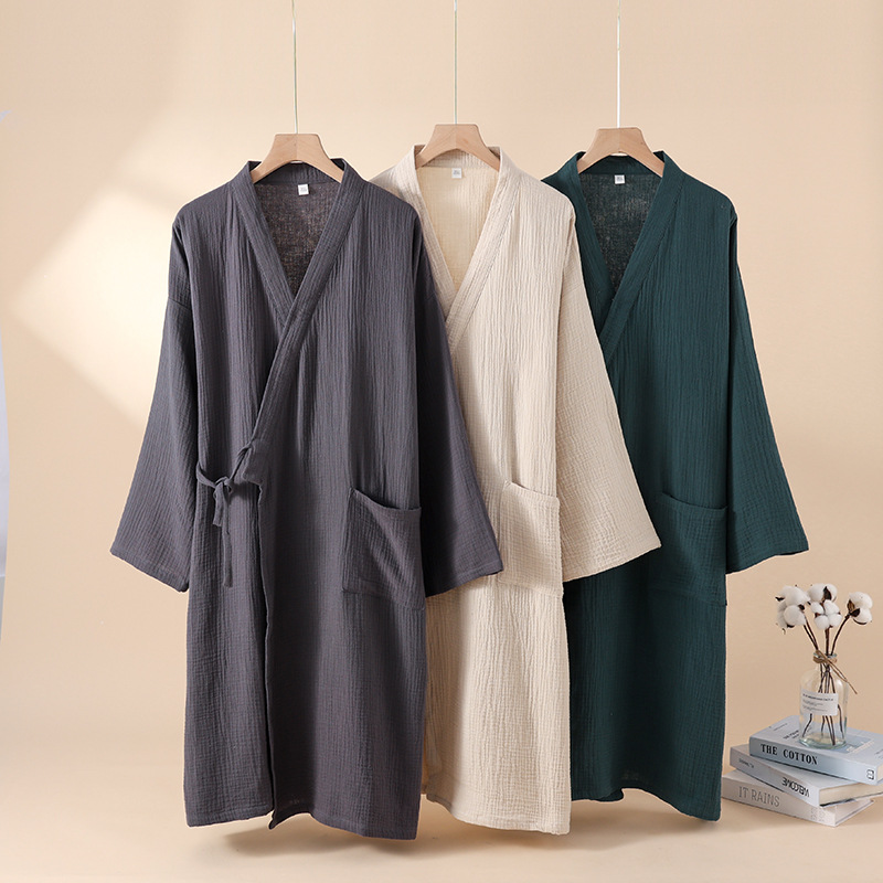Summer House Clothing - 2026年日本新作春夏カップル着物ローブ 100%コットンクレープ生地 男女兼用バスローブ 薄手ホームスリーピングローブ