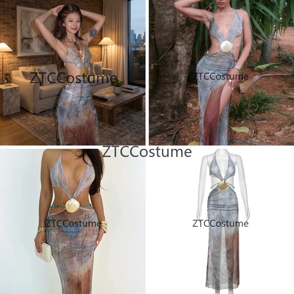 Halter Neck Top - コスプレ用ホローアウトビーチドレス レディース エレガント カバーアップ セクシー ロング