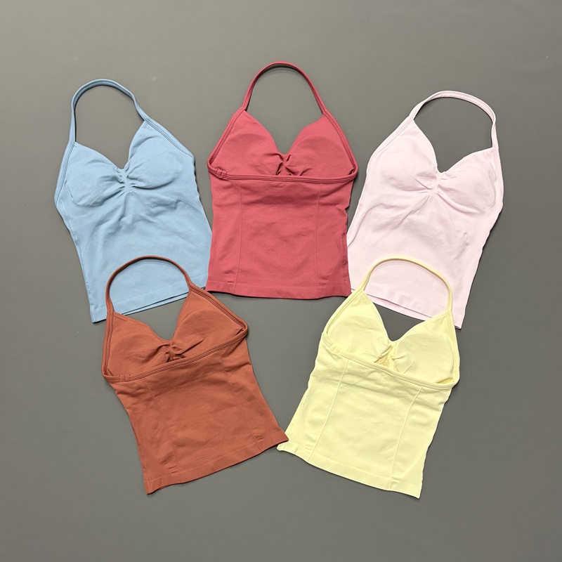 Halter Neck Top - ジム女性用スポーツタンクトップ シームレス ホルターストラップ スパゲッティストラップ 取り外し可能なブラパッド付き 速乾性