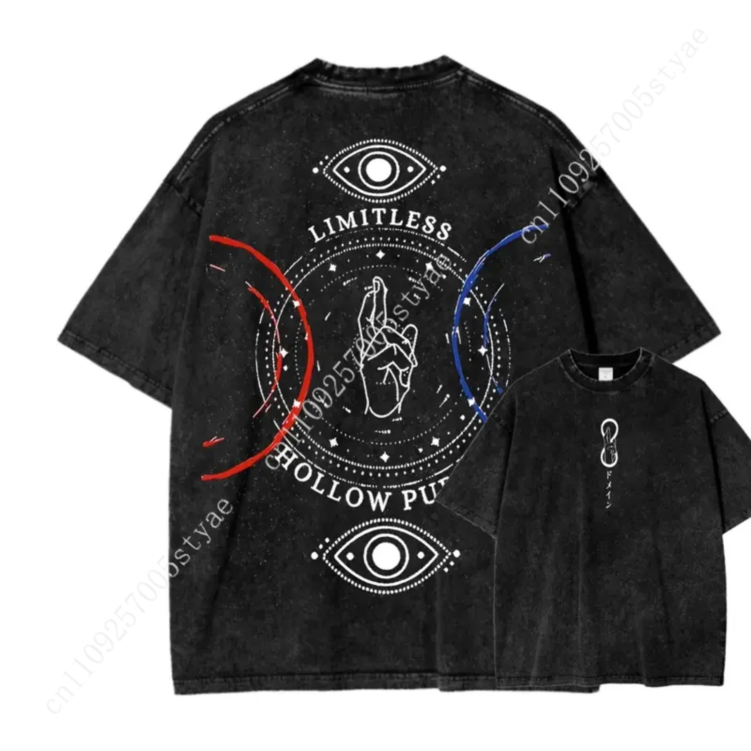 Summer Quilt - アニメ五条悟プリントTシャツ メンズ レディース ヴィンテージ風ウォッシュ加工オーバーサイズコットンTシャツ 原宿Tシャツ