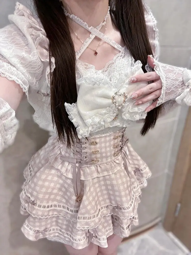 Summer Japanese Clothing - 夏の日本のゴシックY2Kロリータ風ボウドレスセット、女性用ヴィンテージスイートレースフリル格子柄ストラップドレス、Y2Kスリムパーティミニドレス