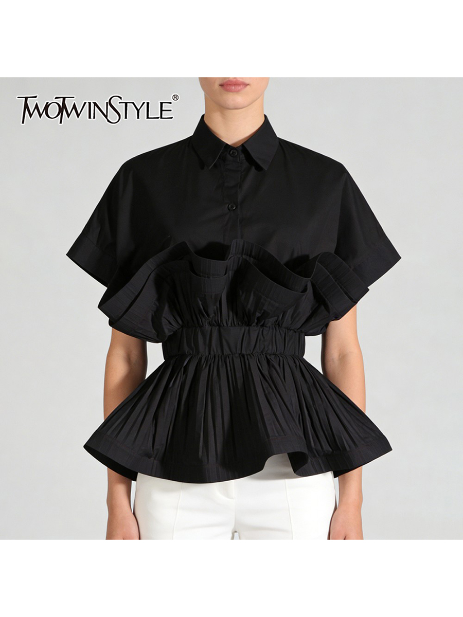 Summer Clothing Trends For Women - TWOTWINSTYLE ファッションスプライスフリル折り目デザインセンスシャツ女性のためのラペル半袖チュニックエレガントなシャツ女性服