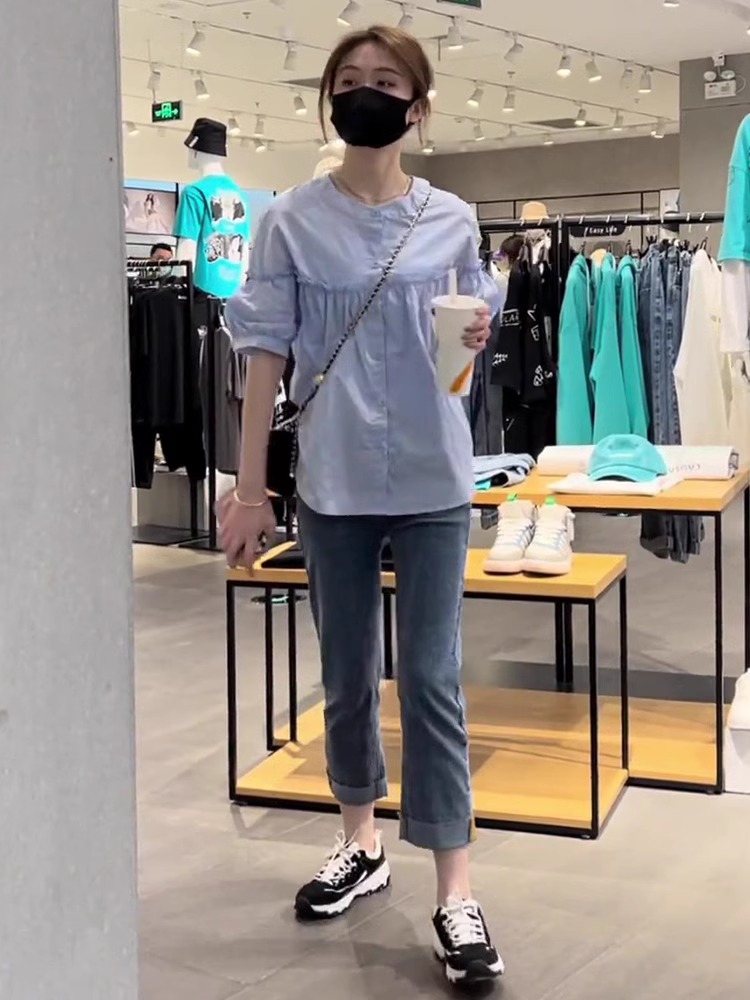Summer Clothing New Look - カジュアルでおしゃれなセットアップ 若々しい木目調半袖シャツ スモークチューブジーンズ 夏 レディース服 新作2026