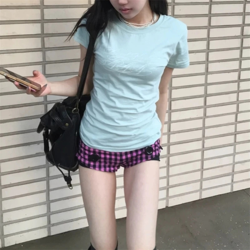 Summer Clothing New Look - Y2K風レディース服 夏新作 ピュアでセクシーなミントグリーン クロスレース スプライシング半袖Tシャツ スリムな印象を与えるインスタ映えデザイン