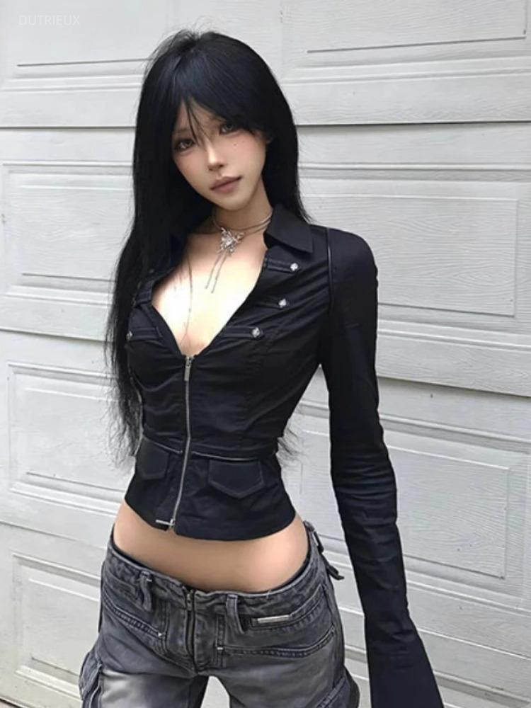 Summer Grunge Clothing - Y2k 美的女性のセクシーなブラウス固体ダブルジッパースリムフィットグランジシャツ原宿ターンダウン襟ストリートクロップドトップス