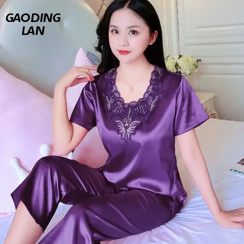 Summer House Clothing - 女性用半袖Vネックパジャマセット,大きなレースのホームウェア,イミテーションシルクのイミテーションパンツ,ナイトウェア,M-3XL