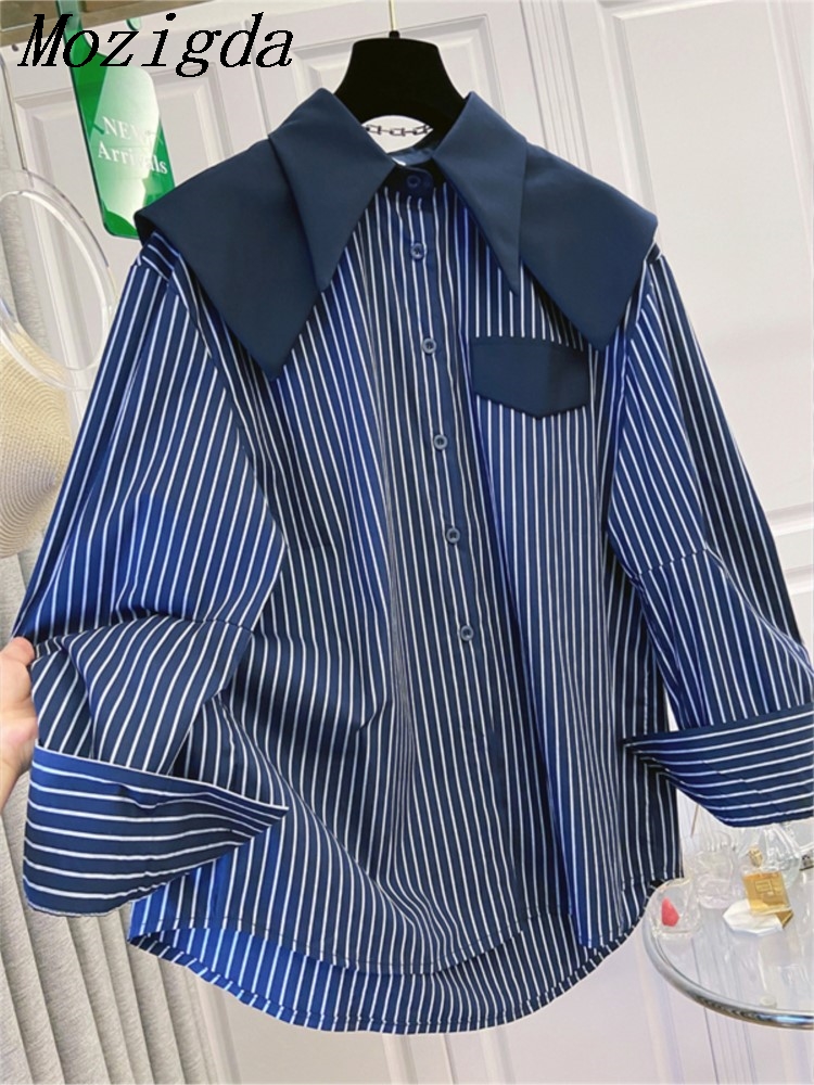 Summer Clothing In Winter - 秋冬の女性のシャツパッチワークストライプレディブラウスセーラーカラーカジュアル女性トップス長袖服