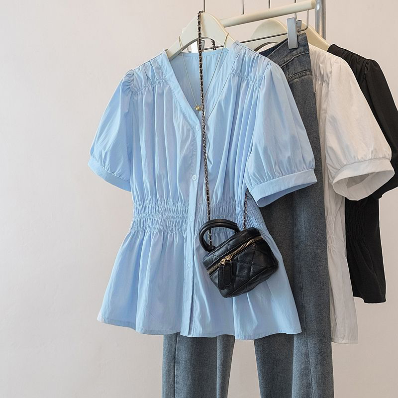 Summer Clothing Trends For Women - 200ポンドプラスサイズ弾性ウエストオフィスレディトレンドシャツとブラウスソリッドカラートップ女性服Vネックフレンチシックベーシック