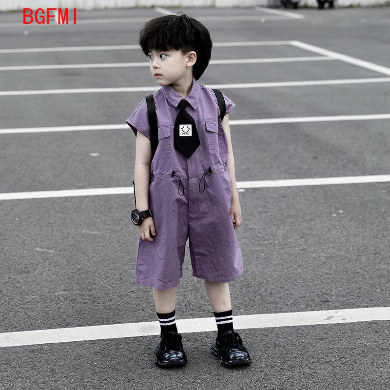Summer Clothing Baby - キッズサマーショーツオーバーオールカプリボーイズパープルパンツとネクタイ服男の子ベビージャンプスーツ1-10Y半袖子供服