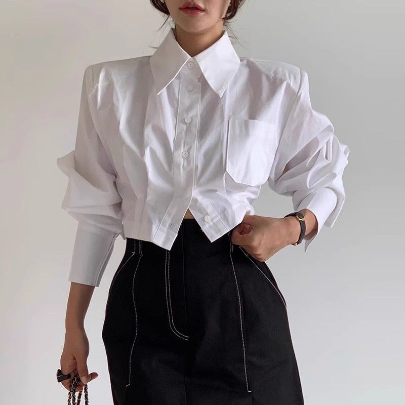 Summer Clothing Trends For Women - 春・秋の新作ファッション、折り返し襟の長袖無地ブラウス、女性用服、背中がくり抜かれた韓国トレンドシャツ