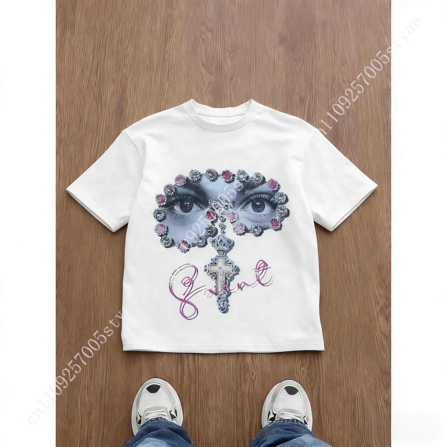 Summer Quilt - メンズ ルーズフィット グラフィックプリント Tシャツ、Y2K スタイル、宝石装飾アイクロスパターン、オールシーズンカジュアルウェア、ユニセックスストリートファッション