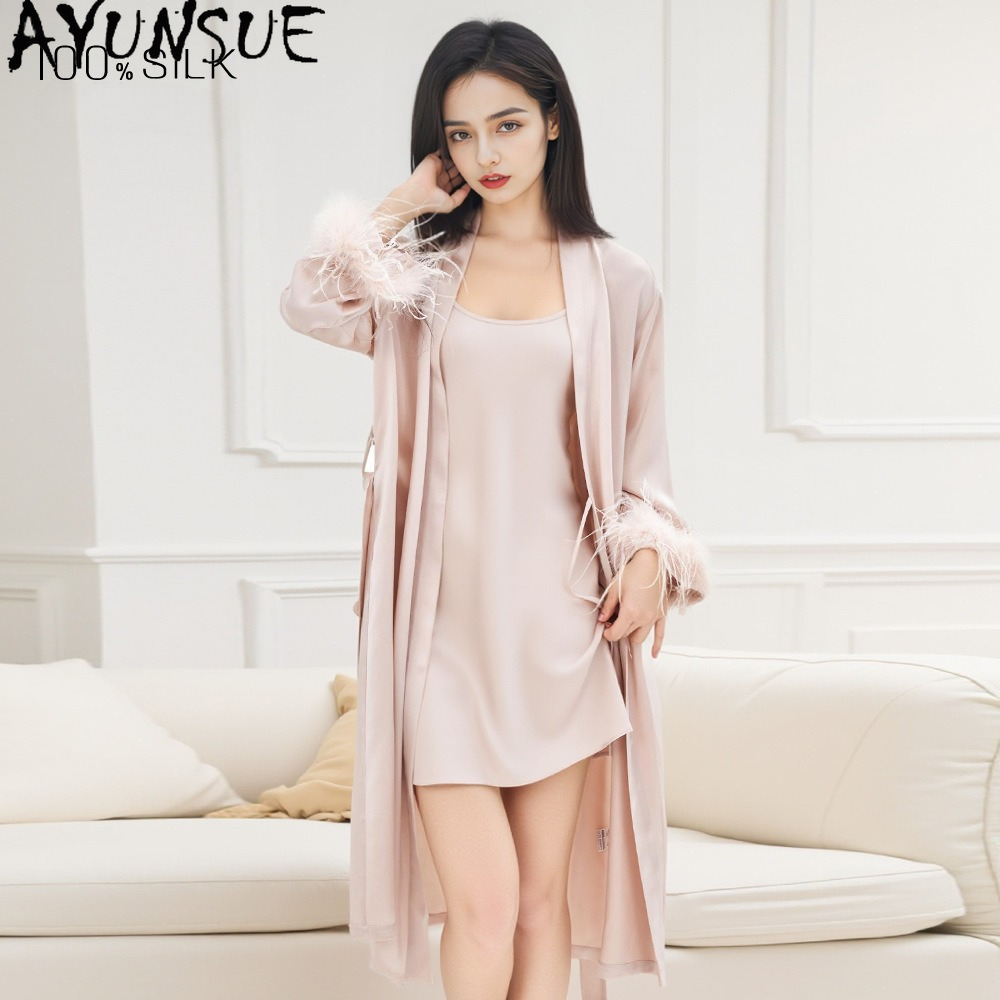 Summer House Clothing - AYUNSUE 100% 本物の桑シルクローブ女性ナイトガウンレースアップ春の朝ローブ 19 ミリメートルシルク女性のホーム服ダウンスプライシング