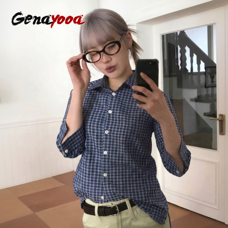 Summer Grunge Clothing - Genayooa Y2k チェック柄シャツ女性スリークォーターカジュアルシャツ日本 2000 年代グランジトップスストリート夏シャツ韓国スタイル