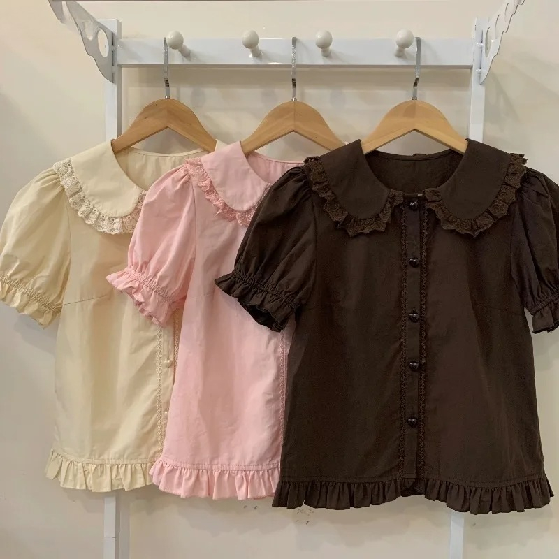 Summer Japanese Clothing - 夏日本のかわいいロリータシャツ女性甘いパフ半袖レースフリルスリムブラウス女の子かわいい Y2k 服トップス Blusas