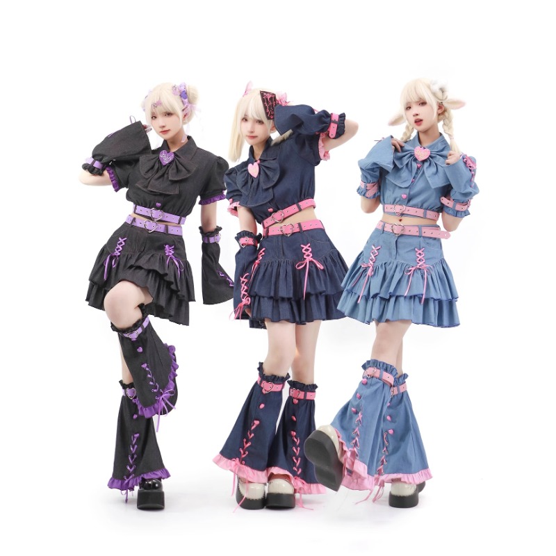Summer Japanese Clothing - 原宿-レディースデニムスカートセット,y2k,日本のカワイイロリータ,キャンパススタイル,ブラック,4ピースミニスカート,2024