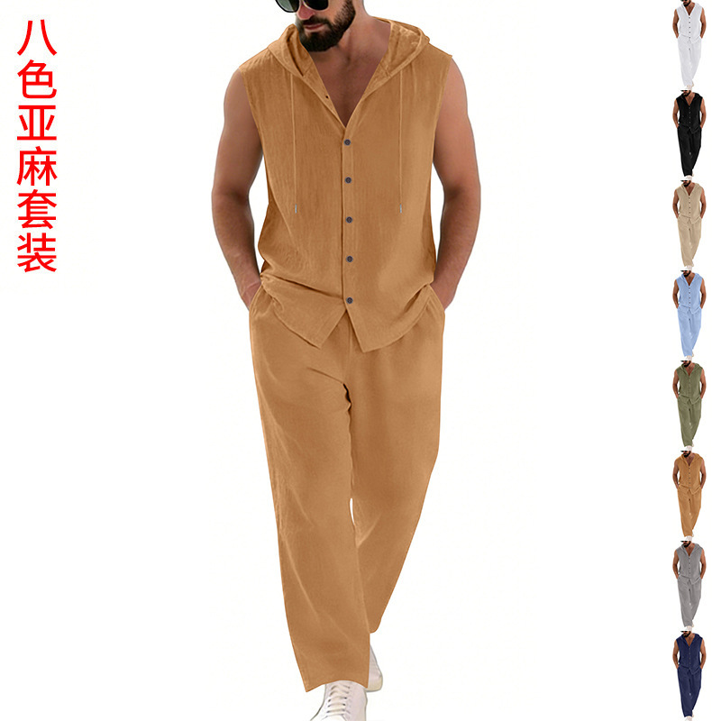 Summer Clothing Men - メンズカジュアルリネンスーツフード付きセーターとパンツセット無地通気性快適メンズ服