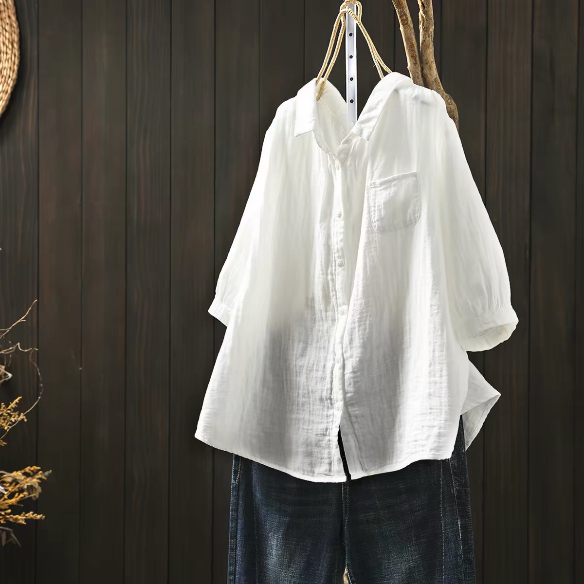 Summer Green Clothing - プラスサイズの女性用衣類、和風の綿糸を使用したピンク、ブルー、グリーン、ホワイトの無地シャツとブラウス、女性用オーバーサイズシャツ