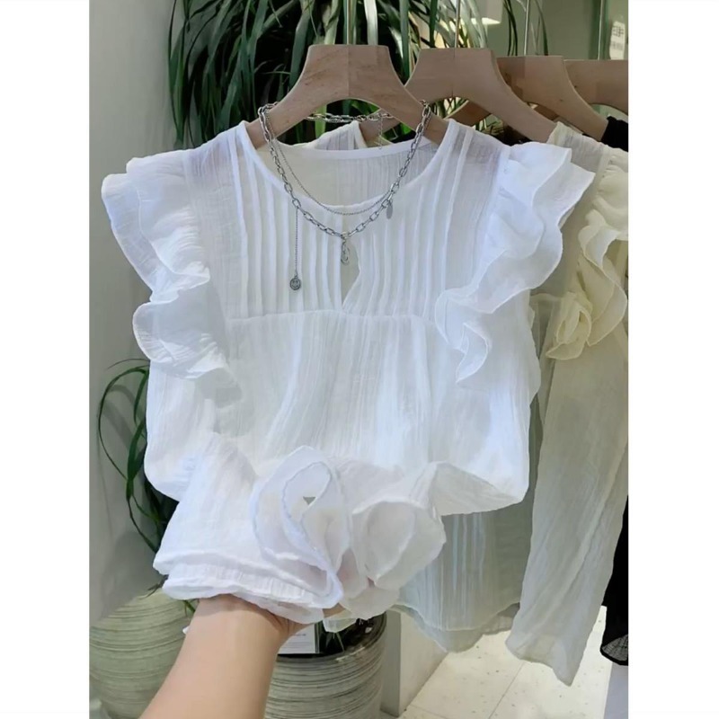 Summer Japanese Clothing - 女性用フライングスリーブブラウス、ラウンドネック、フリル、単色、ストレート、ノースリーブシャツ、サマーファッション、甘い