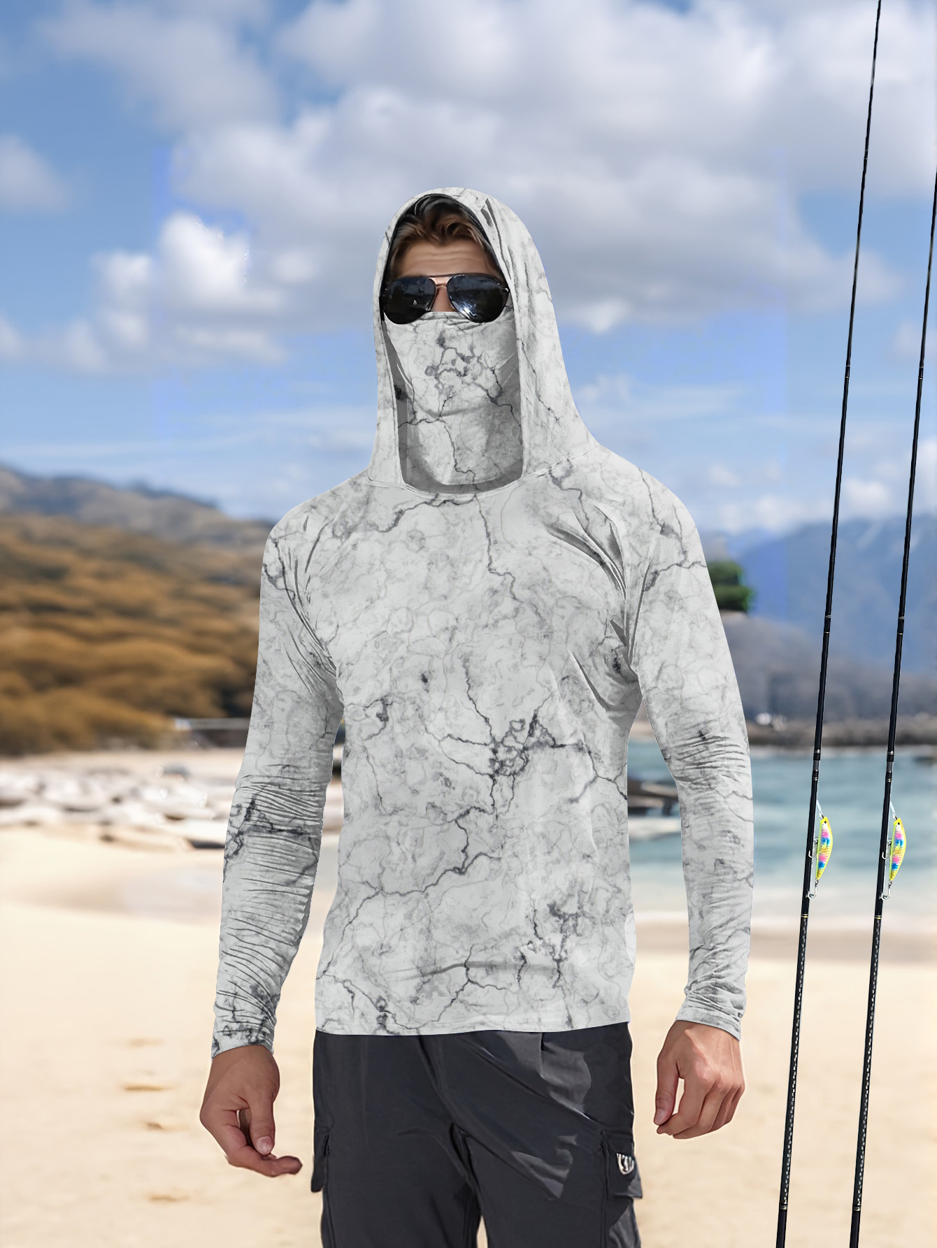 Summer Clothing Men - メンズフード付きフィッシングシャツ 長袖 フィッシングウェア フィッシングTシャツ UVカット フィッシングシャツ