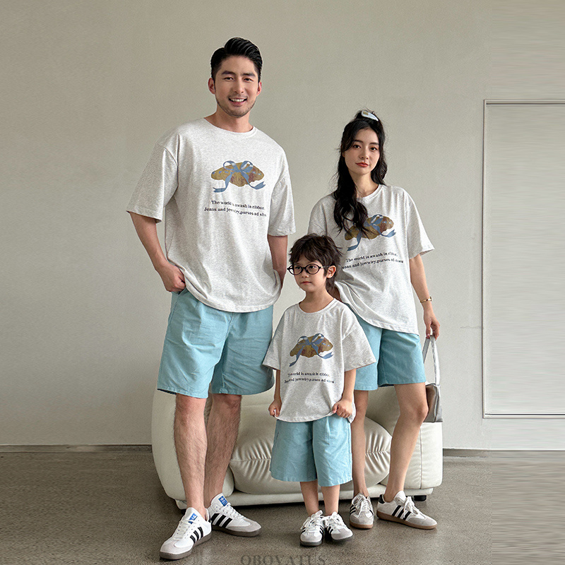 Summer Clothing New Look - ファミリールックマッチング衣装服セット新しい夏休み Tシャツショーツ 2 ピーススーツお父さんとお母さん子供の綿の服セット
