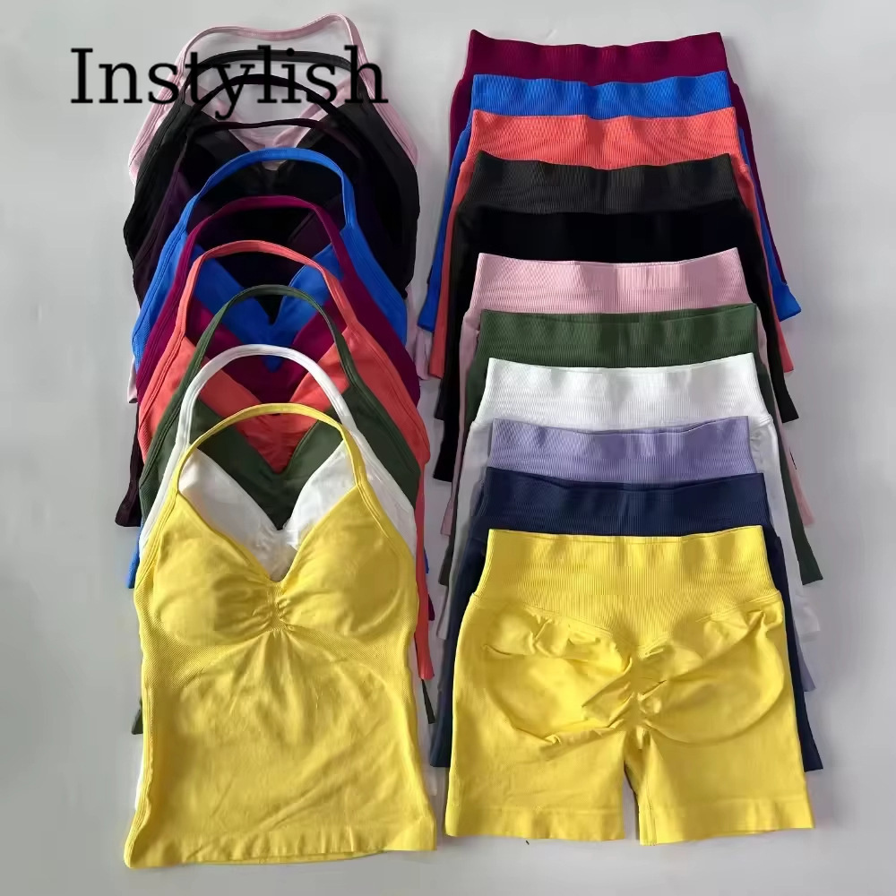 Halter Neck Top - 女性用シームレスヨガ2ピースセット ホルターVネック ルシュドキャミトップ ハイウエストストレッチレギンス ジムワークアウトフィットネスアクティブウェア衣装
