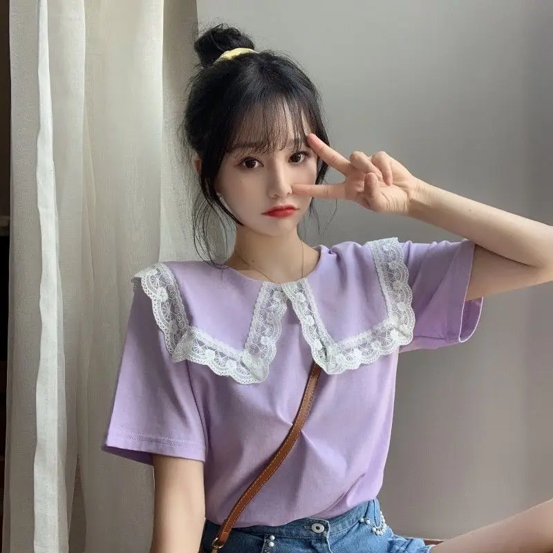 Summer Clothing Trends For Women - 女性用のかわいいトップス、襟付き、カワイイ、レディースシャツとブラウス、黒レース、半袖、紫、ゆったり、ストリートウェア、トレンド2025