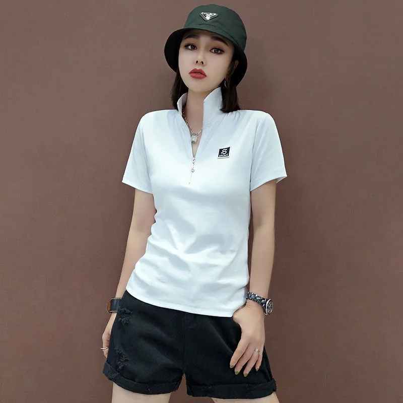Summer Green Clothing - 女性用半袖Tシャツ,グリーンポロシャツ,ホワイトトップス,韓国スタイルのポリエステル服,Vネック,高品質