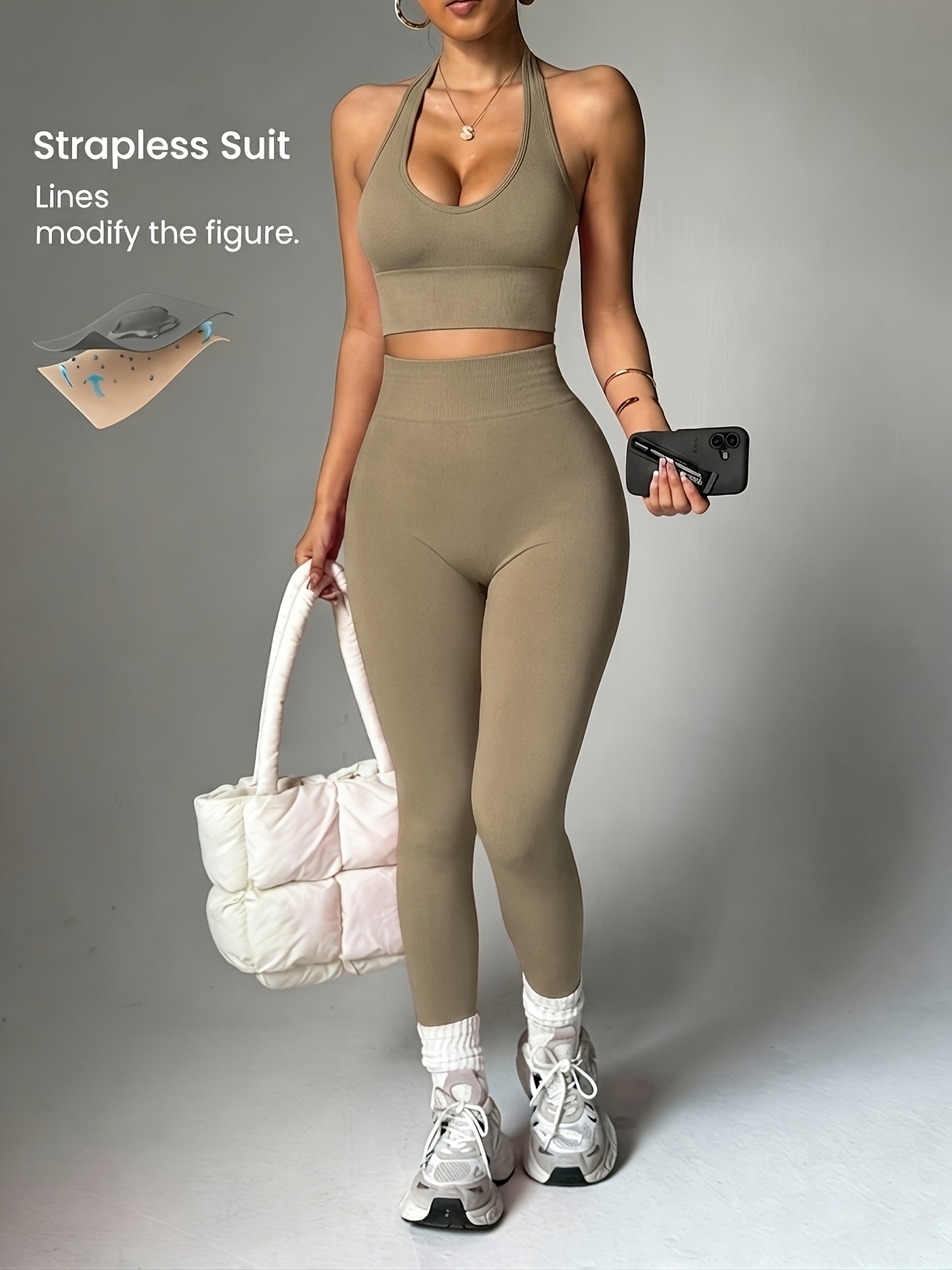 Halter Neck Top - 2ピースソリッドカラーファッショナブルで多用途な女性用スポーツウェアセット、セクシーなホルターネックスポーツタンクトップ+ハイウエストレギンス