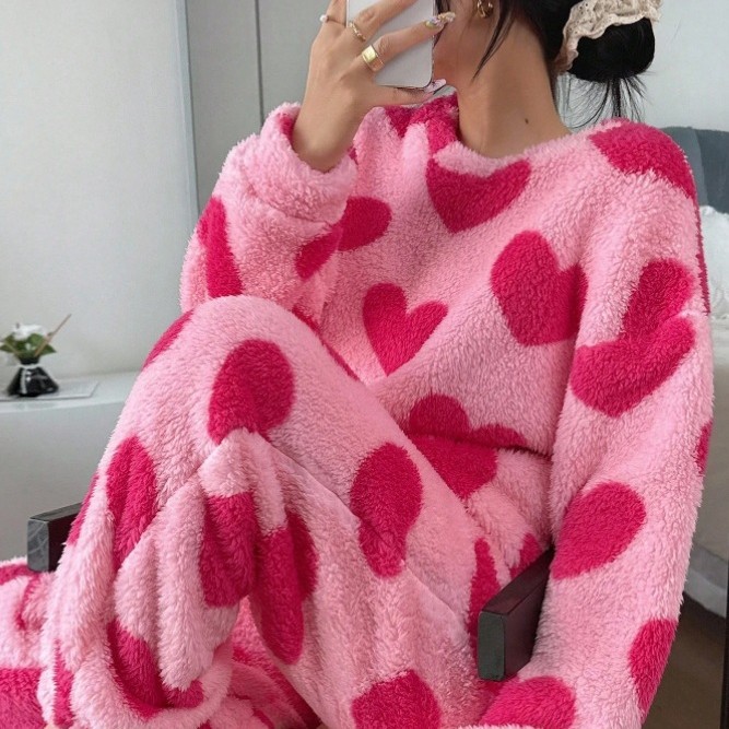 ホットピンクパジャマスーツプリントパジャマ暖かいサンゴフリー - Summer House Clothing のレビューと価格