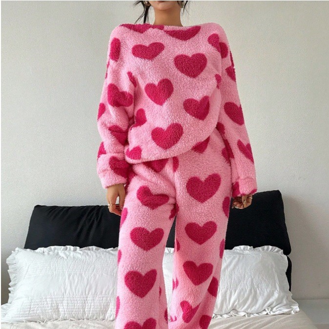 ホットピンクパジャマスーツプリントパジャマ暖かいサンゴフリー - Summer House Clothing のレビューと価格