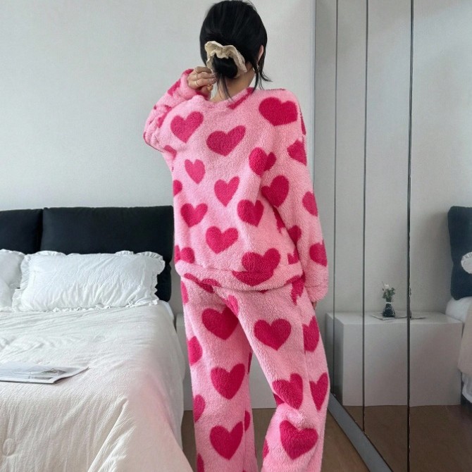 ホットピンクパジャマスーツプリントパジャマ暖かいサンゴフリー - Summer House Clothing のレビューと価格