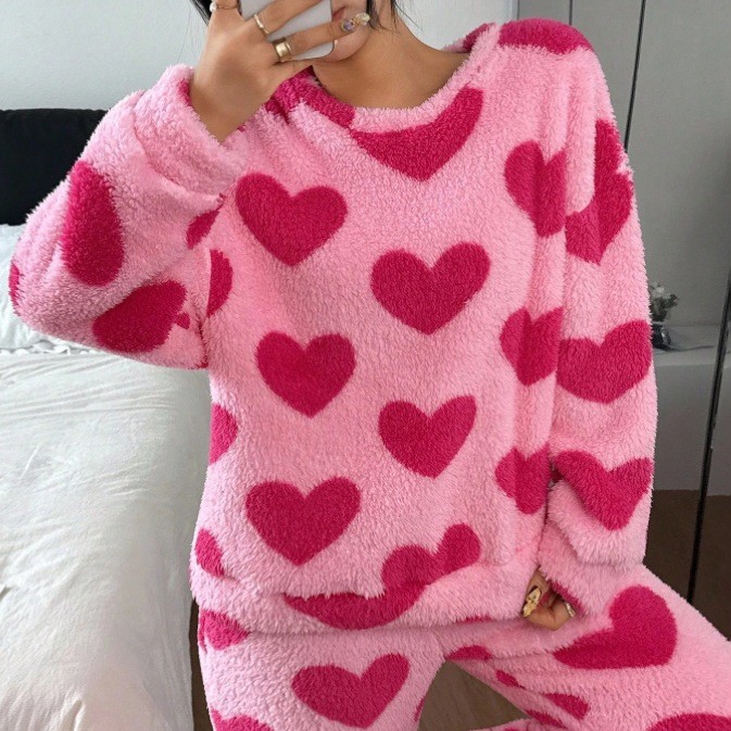 ホットピンクパジャマスーツプリントパジャマ暖かいサンゴフリー - Summer House Clothing のレビューと価格