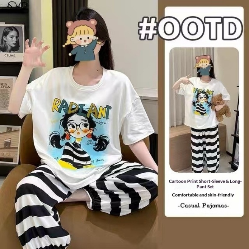 女性の半袖長パンツホームスーツ夏新しいかわいい女の子漫画プル - Summer House Clothing のレビューと価格