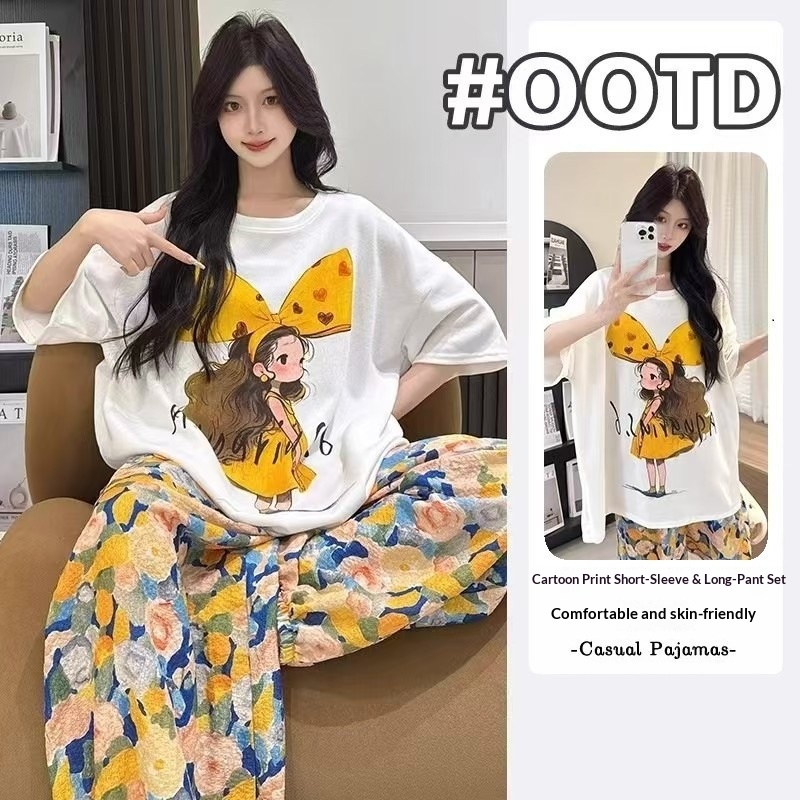 女性の半袖長パンツホームスーツ夏新しいかわいい女の子漫画プル - Summer House Clothing のレビューと価格