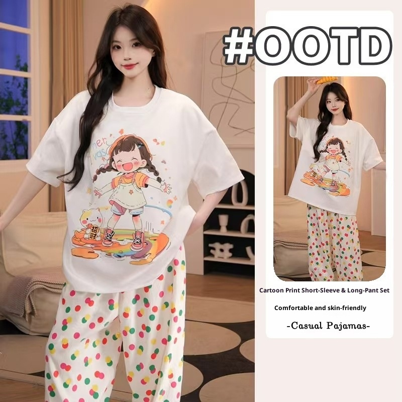 女性の半袖長パンツホームスーツ夏新しいかわいい女の子漫画プル - Summer House Clothing のレビューと価格