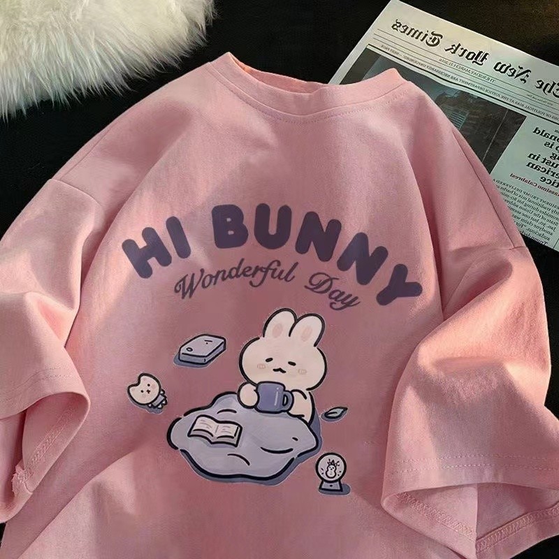 夏日本のかわいいお茶を飲むウサギプリント半袖Tシャツレディー - Summer Japanese Clothing のレビューと価格