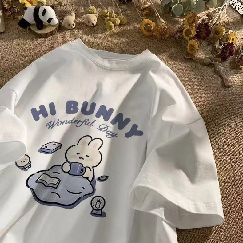 夏日本のかわいいお茶を飲むウサギプリント半袖Tシャツレディー - Summer Japanese Clothing のレビューと価格
