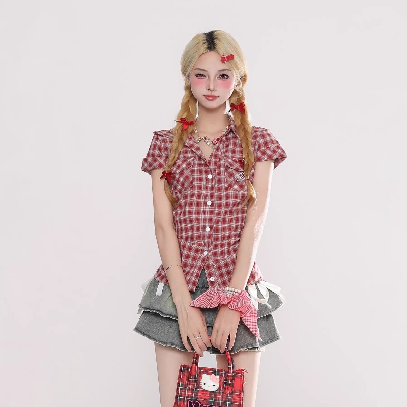 原宿ヴィンテージゴシックチェック柄シャツ女性ロリータストリー - Summer Grunge Clothing のレビューと価格