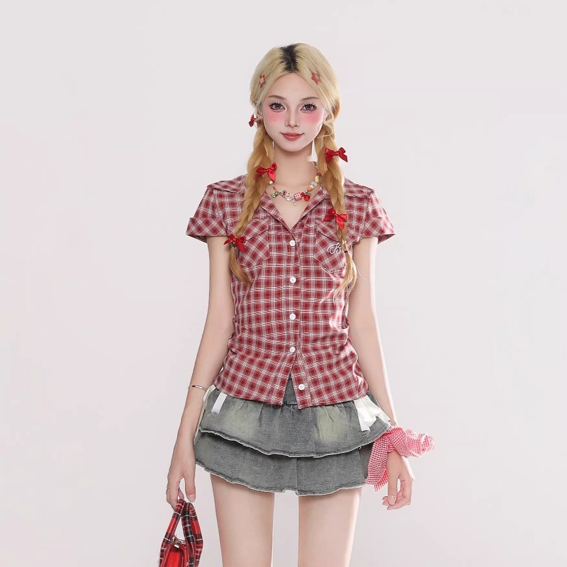 原宿ヴィンテージゴシックチェック柄シャツ女性ロリータストリー - Summer Grunge Clothing のレビューと価格