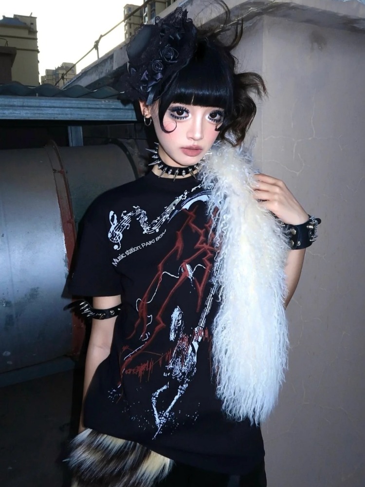 Y2k サブカルチャー美的黒パンクプリントヴィンテージ Tシ - Summer Grunge Clothing のレビューと価格