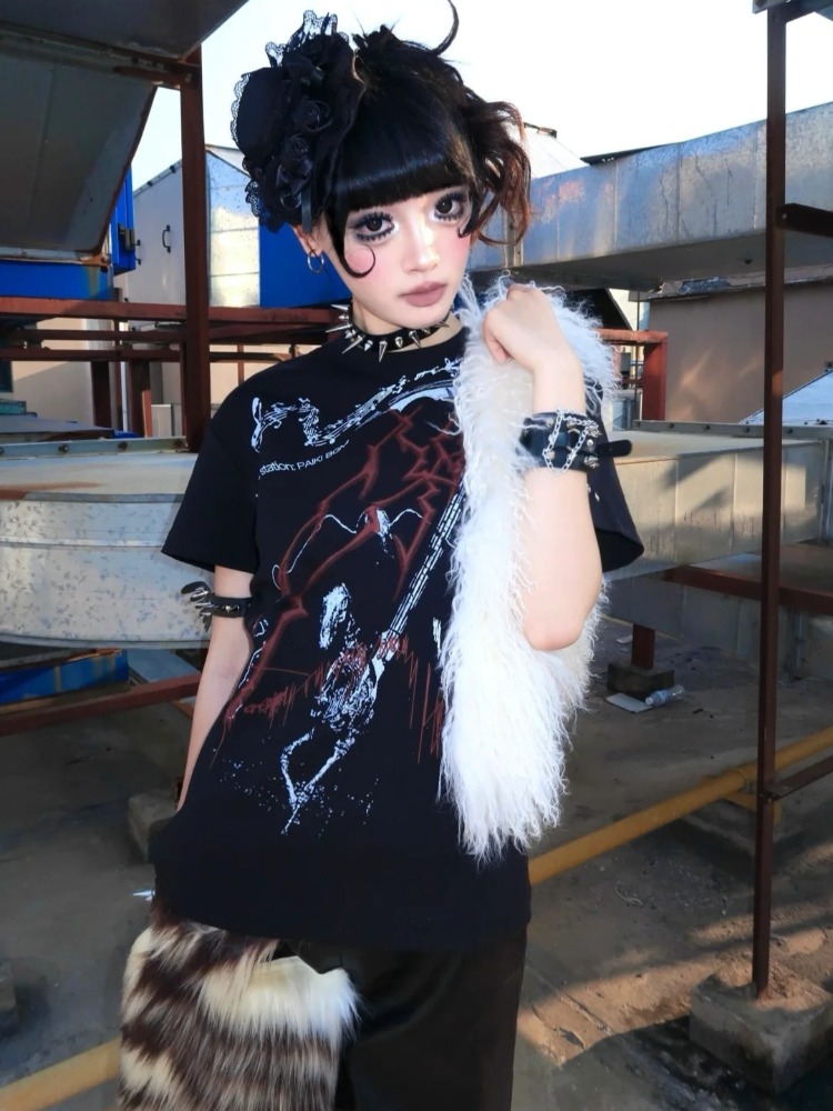 Y2k サブカルチャー美的黒パンクプリントヴィンテージ Tシ - Summer Grunge Clothing のレビューと価格