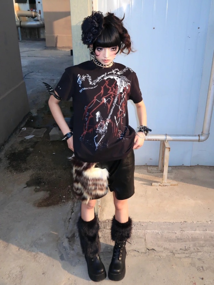 Y2k サブカルチャー美的黒パンクプリントヴィンテージ Tシ - Summer Grunge Clothing のレビューと価格