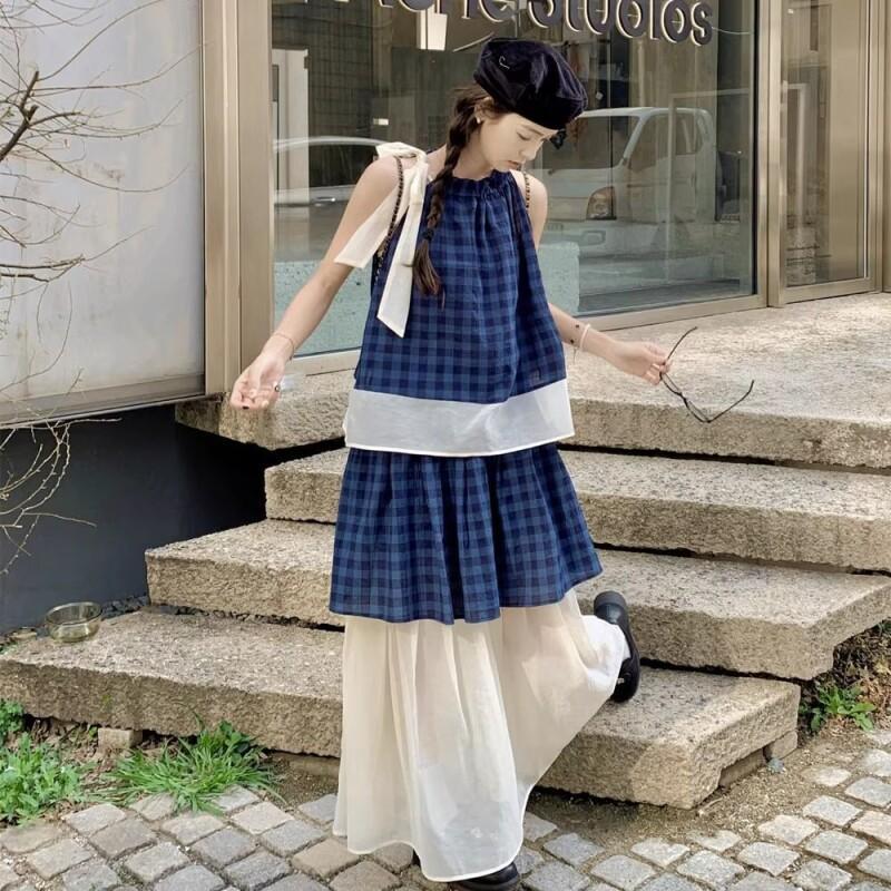 女性用ブルーチェック柄ツーピースセットノースリーブホルタート - Halter Neck Top のレビューと価格