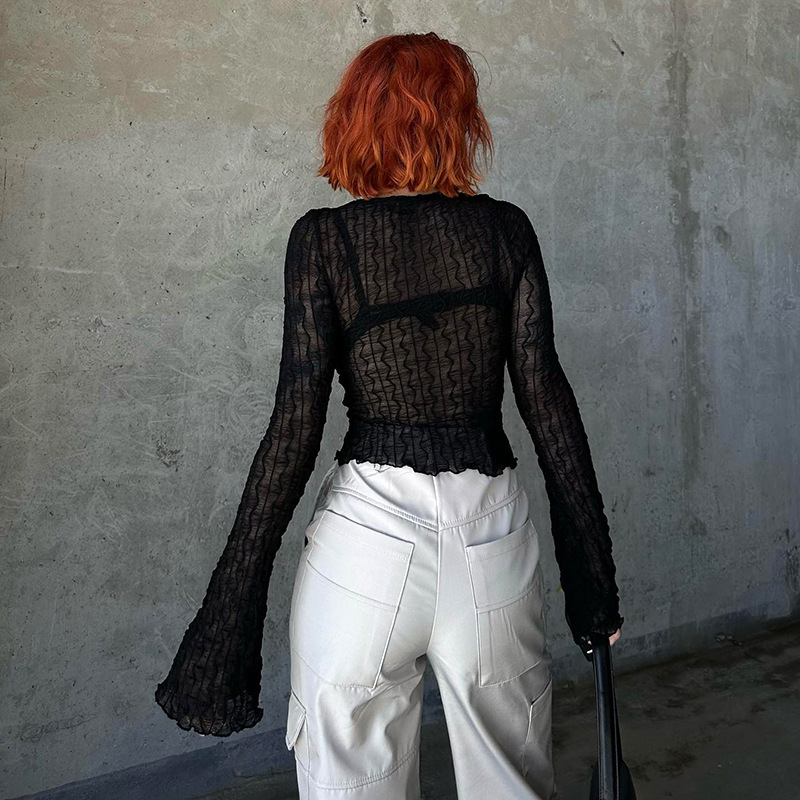 女性のための長袖のゴシックレースアップブラウス,セクシーで透 - Summer Grunge Clothing のレビューと価格