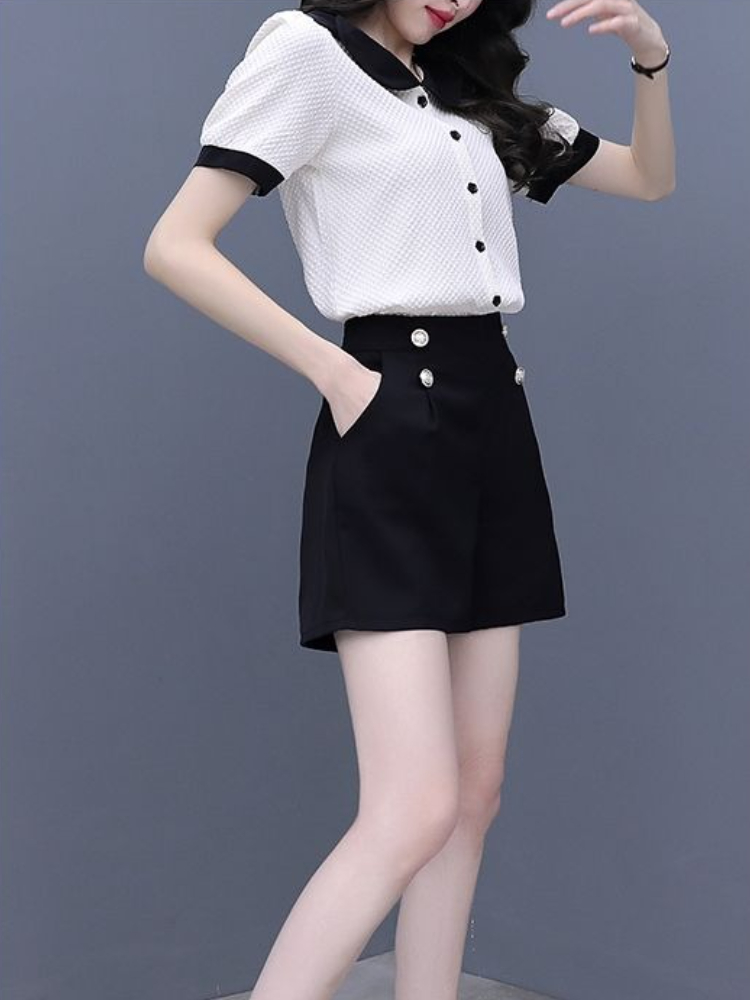 コントラストカラーボタンショートセット レディース 2ピース - Summer Clothing Trends For Women のレビューと価格
