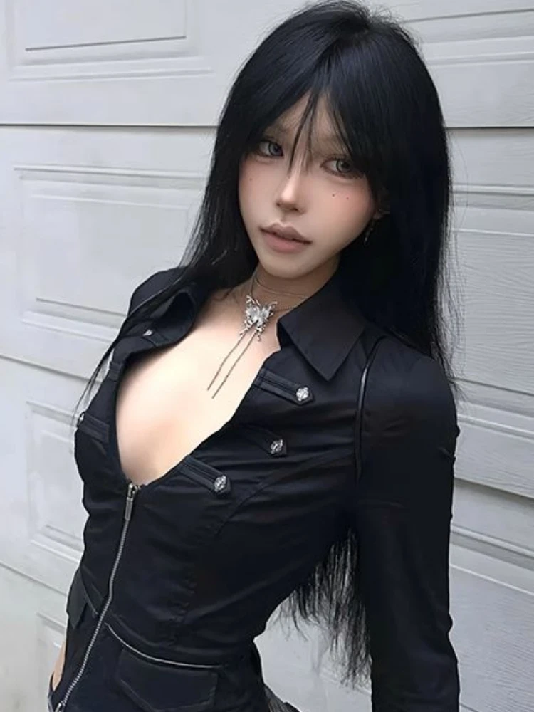 Y2k 美的女性のセクシーなブラウス固体ダブルジッパースリム - Summer Grunge Clothing のレビューと価格