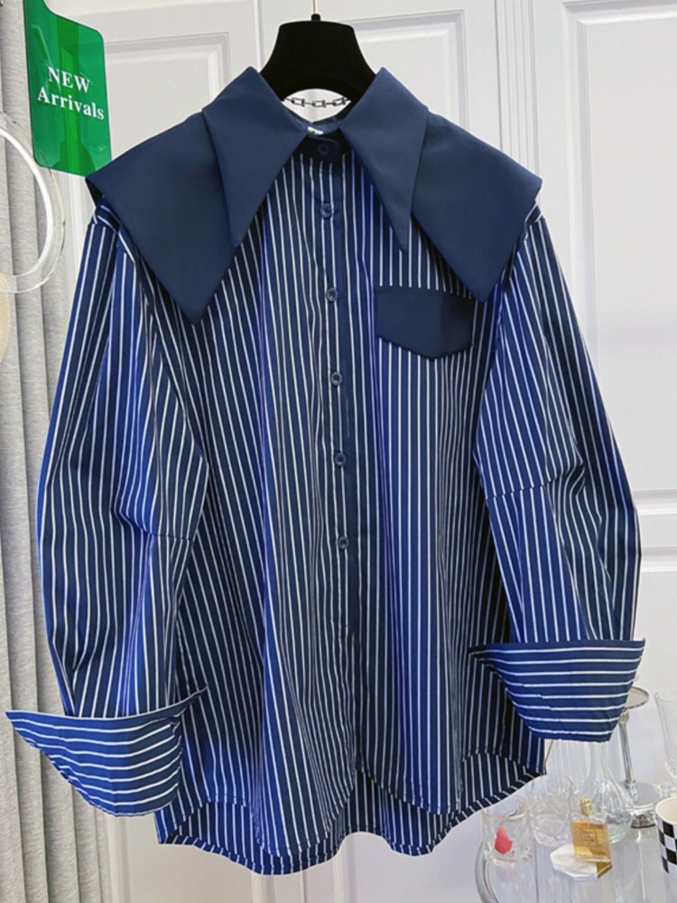 秋冬の女性のシャツパッチワークストライプレディブラウスセーラ - Summer Clothing In Winter のレビューと価格