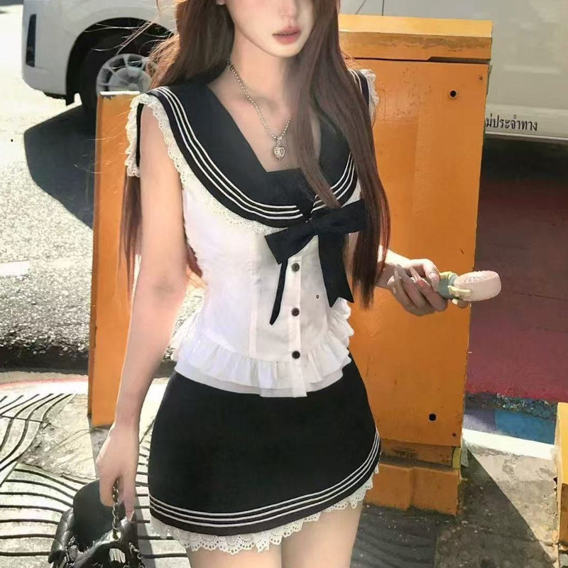 カレッジスタイルの弓甘い 2 点セット女性甘いセーラーシャツ - Summer Japanese Clothing のレビューと価格